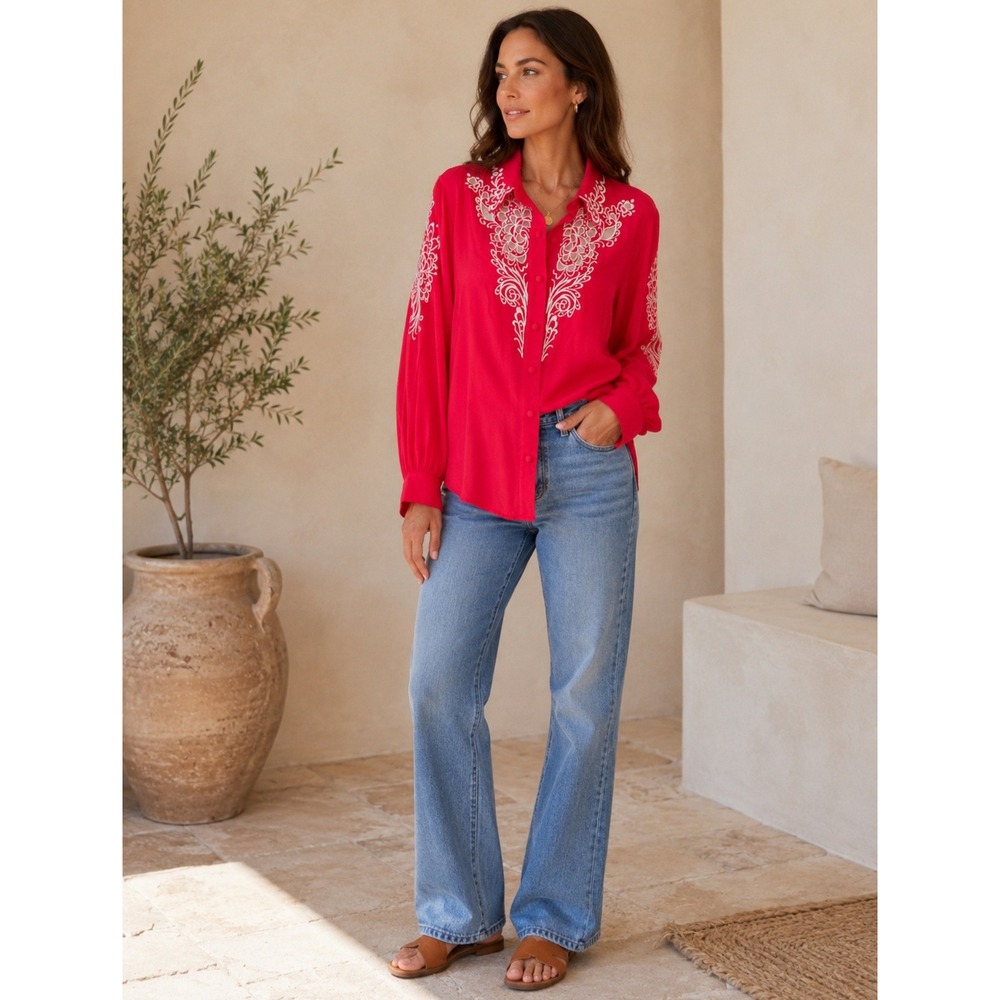 Bob Mackie Wearable‎ Art Pink Silk Embroidered Cut Out Blouse Shirt Large A61881